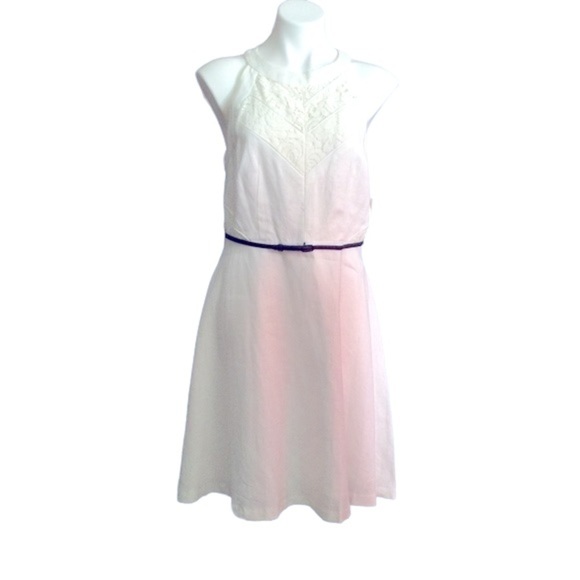 Donna Morgan Linen Lace Fit and Flare Belted Halter Neck Dress Nwt - Picture 1 of 15